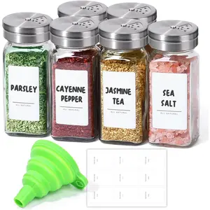 Spice Jars with Shaker lids Adjustable, 4oz 6PCS, 9 DIY Labels, Spice Jars Trial Set & Supplement Set, Empty Ingredient Containers and Square Ingredient Bottles for Kitchen and Seasoning