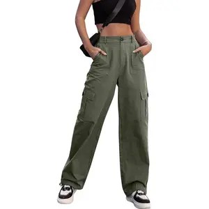 Women’s High-Waisted Cargo Pants, Wide-Leg Casual Pants with 6 Pockets, Combat/Military Style