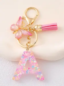 1pc/Initial Keychain Accessories key rings Heart Sequins Resin Epoxy English Letter Shape Pendant Key Chain Purple Tassel Butterfly Additions Key Ring Ladies' School Bag Gift Pendant Keychain For Bags