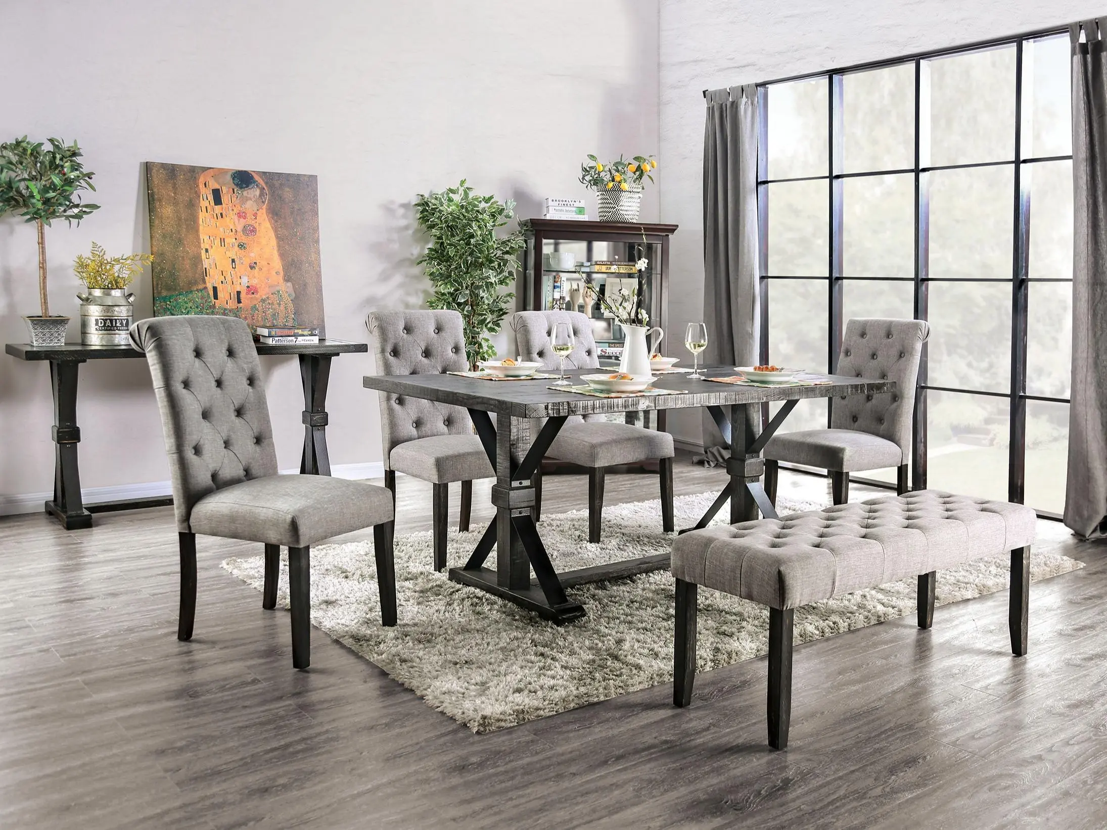 Alfred Rustic 6-Piece Dining Set with Trestle Table, Upholstered Chairs, and Tufted Bench – Perfect for Farmhouse-Inspired Spaces