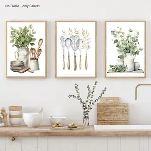 Kitchen Utensils Pattern Unframed Painting, 3 Counts/set Canvas Wall Art Decoration, Wall Decor for Home Living Room Bedroom Study Room, Ornaments