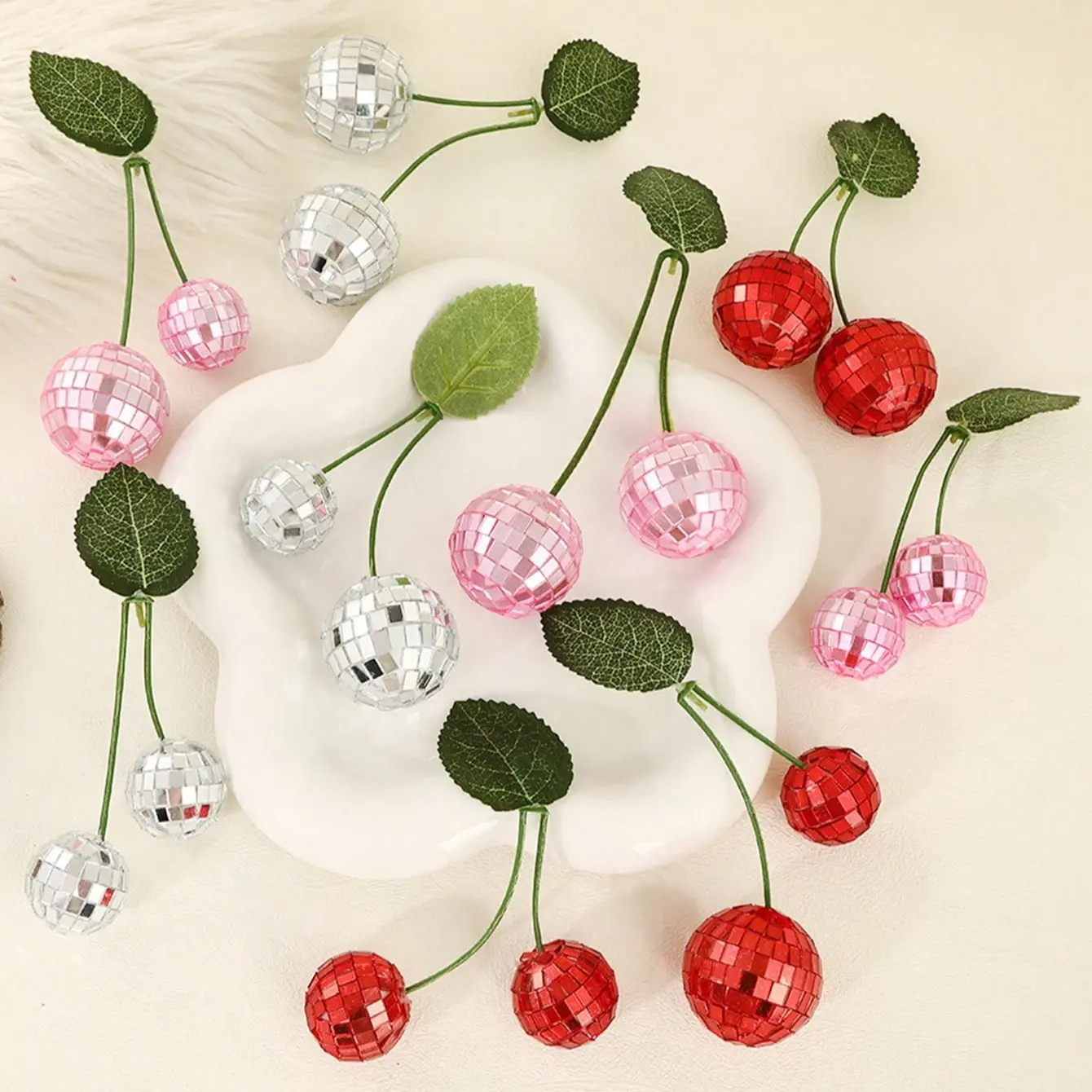 Unique Cherry Disco Ball Mirror Glass Decoration, Home Stage Party Atmosphere Decor, Handmade Sparkling Christmas Halloween Party Ornament, Holiday Decor