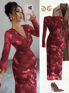 Women's Fashion Sexy V Neck Tight Fit Mid-Length Dress, Elastic Mesh Floral Pattern, Elegant Style, Perfect for Parties and Events