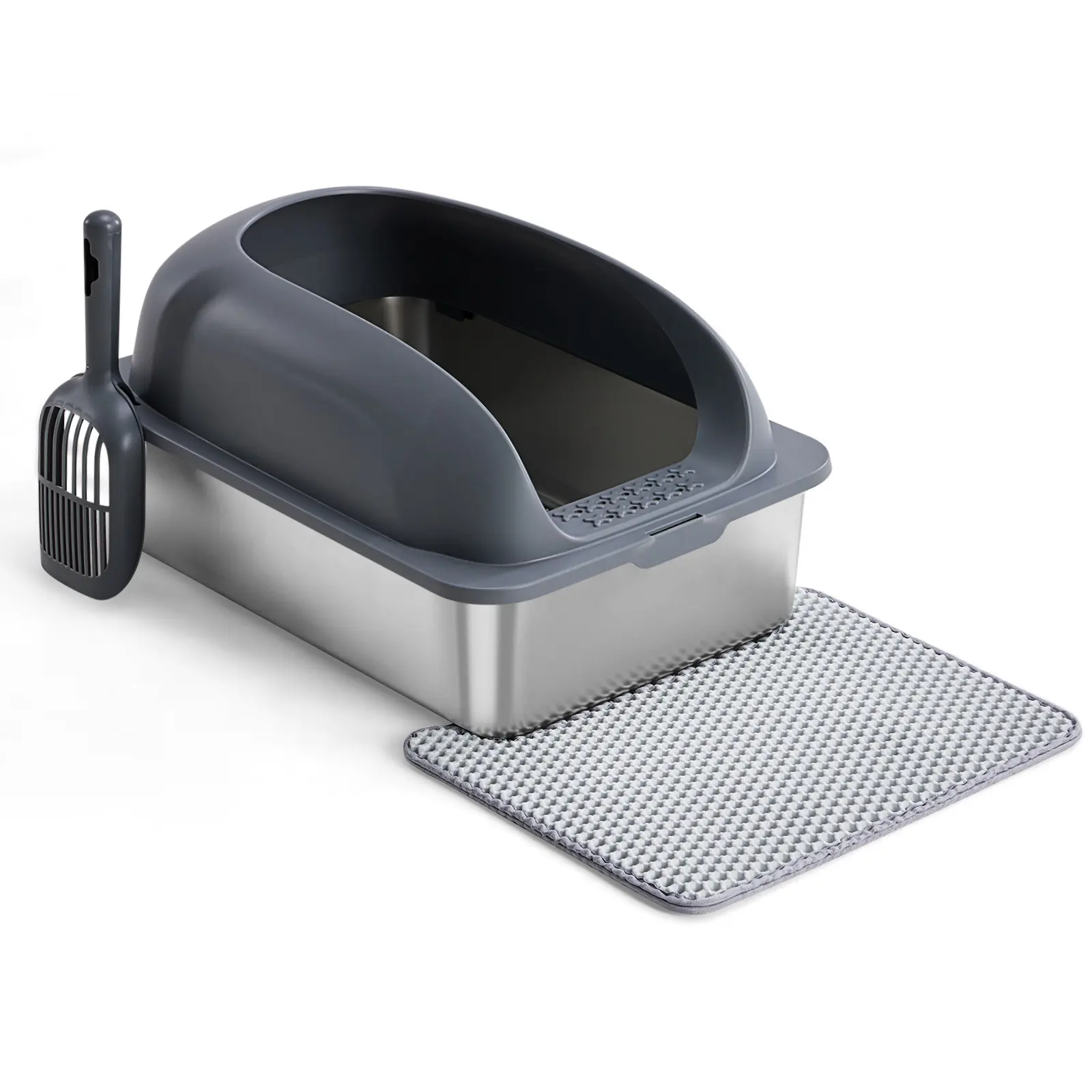 Dark Gray Extra Large Stainless Steel Litter Box with Lid Odor-Free Design High Walls Non-Slip Mat Easy to Clean for Big Cats #CatParents #HomeEssentials