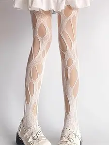 Women's Ripped Fishnet Tights Gothic Irregular Hole White Mesh Tights Stockings Lolita Punk Pantyhose Y2k Hollow Out Sexy Hosiery for Women Halloween Cosplay Masquerade Party Accessories Womenswear