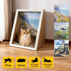 TxfnY Cat Scratch House Oil Painting Cat Scratcher Cardboard House Large Cat Cave with Replaceable Scratching Boards Cat's Favorite Resting Spot Home Animal