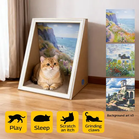 TXFNY Classic Artistic Cat Scratcher House - Retro Wall Decoration Oil Painting Frame, 3 Background Paintings, Fluffy Cozy Cave Bed, Modern Indoor Pet Furniture for Room