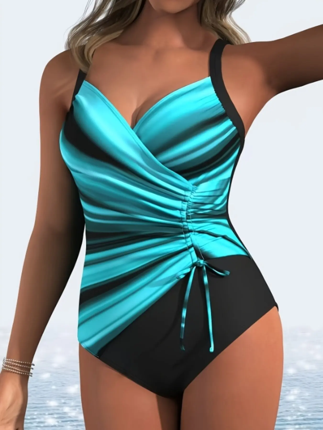 Women's Plus Size Fashion Sexy Blue Striped Print One-Piece Swimsuit, Casual Slim-Fitting Bodycon Swimsuit for All Seasons, Bathing Suit