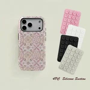 Vintage Tile Pattern Phone Case, 4PC Silicone Suction Phone Case Mount, Elegant Floral Design, Geometric Shapes, Durable Two-In-One Protection for iPhone & Samsung Series Compatible with Samsung Galaxy S25