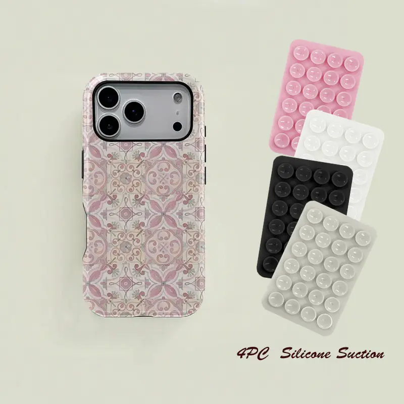 Vintage Tile Pattern Phone Case, 4PC Silicone Suction Phone Case Mount, Elegant Floral Design, Geometric Shapes, Durable Two-In-One Protection for iPhone & Samsung Series Compatible with Samsung Galaxy S25