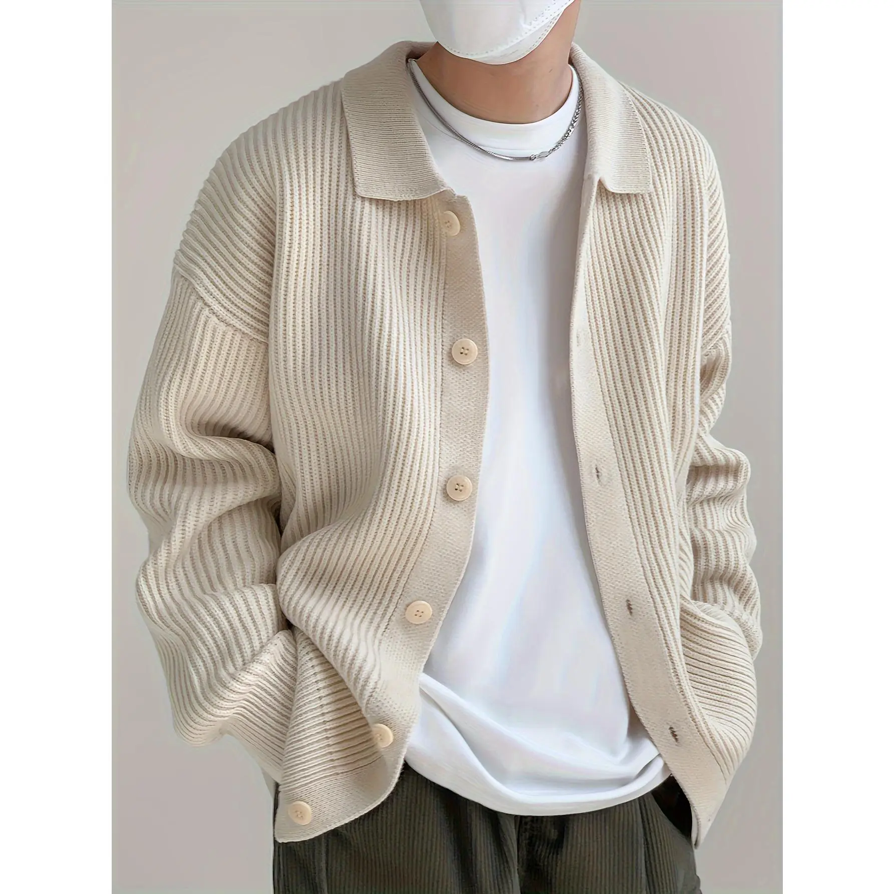 Men's Casual Plain Knit Cardigan, Long Sleeve Button-Up Top with Collared Neck for Autumn Wear, Polyester, Black, Full Sleeves