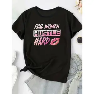 Women's 180g Black Cotton Crew Neck Short Sleeve Graphic T-Shirt, "Real Women Hustle Hard" Inspirational Quote Tee, Casual Chic Summer Top, Trendy Lip Print Design, Comfortable Women's Fashionable Daily Wear, Perfect Gift for Motivated Women, Unique Style