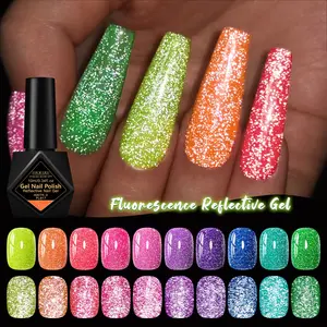 FOURLILY 10ml Fluorescence Reflective Glitter Gel Nail Polish, Holographic Glitter Neon Color Semi Permanent Gel Polish, Nail Art Manicure DIY Gel Varnish Soak Off Gel UV Light Gel