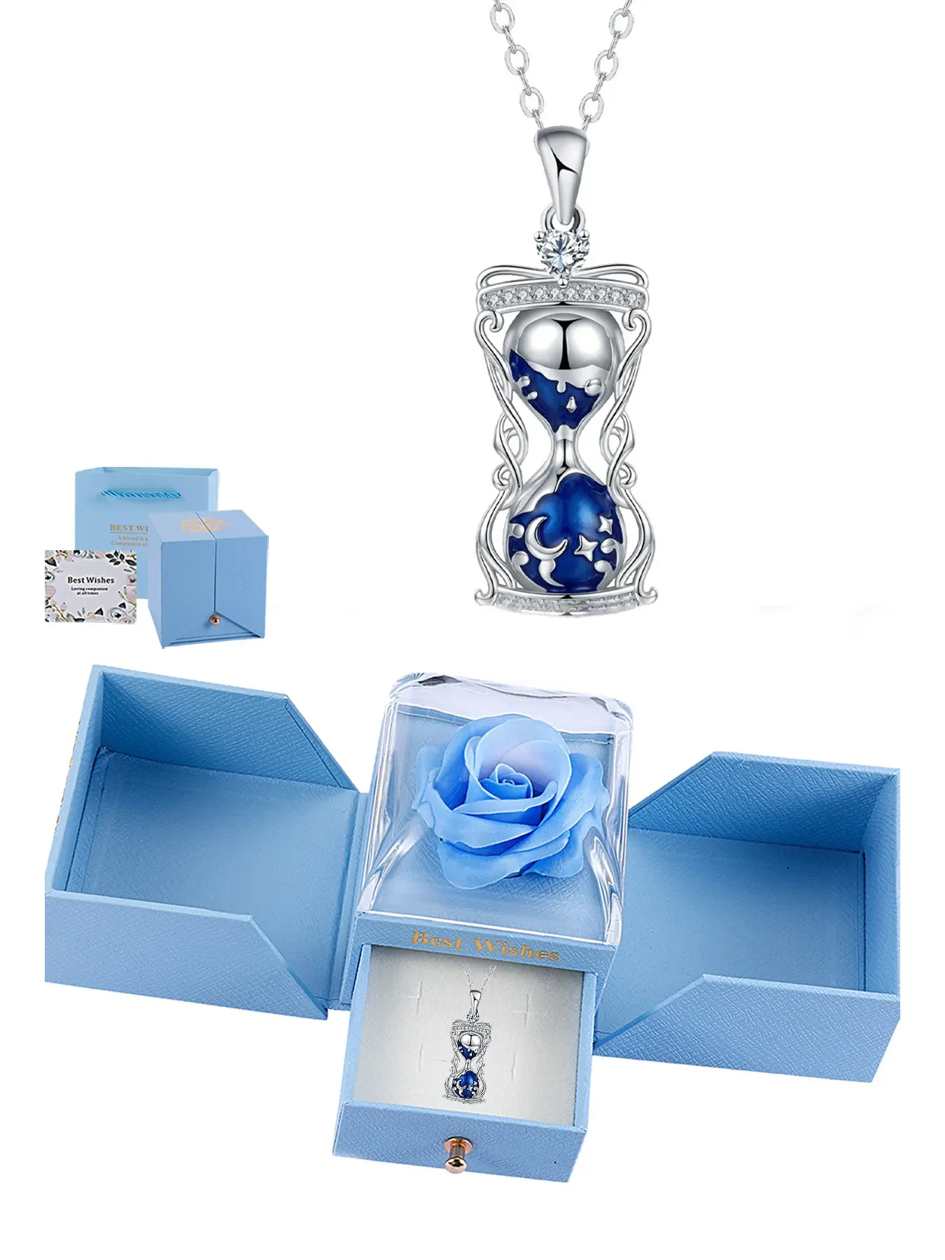 Star Moon Hourglass Pendant Necklace, Blue Enamel Star Moon Collar Chain, Eternal Flower Rose Gift Box, Ideal for Wife Girlfriend