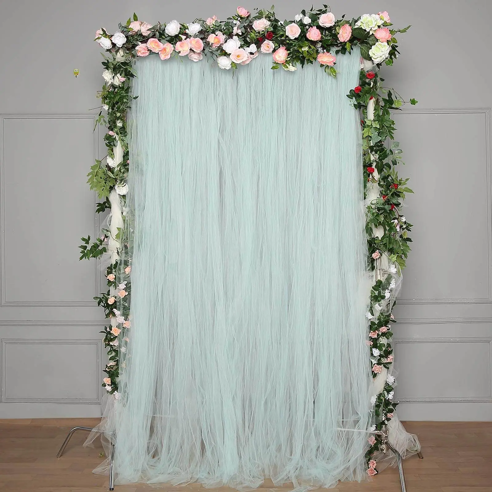 Light Blue Reversible Sheer Tulle Backdrop Drape Curtain With Satin Header, Rod Ready Photo Booth Event Divider Panel - 5ftx10ft