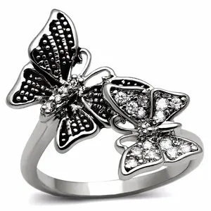 Lanyjewelry Butterfly Style Artificial Gemstone Ring - 2-Butterfly Hypoallergenic Stainless Steel Non-Tarnish Band, Adorned with CZ Stones