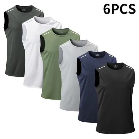 Men’s Slim-Cut Polyester Crew Neck Muscle Tank Vest - Menswear Basics, Black+Blue+Light Gray+Green+White+Dark G, Easy Streetwear for Daily Outings, Less Sleeve Bunch, Flatters Body, Ideal for Gym, Everyday Wear