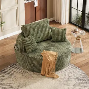 55" Oversized Round Indoor Chaise Lounge Chair, Upholstered Plush Deep-Seat Circular Single “Cloud” Lounge Floor Sofa Chair with 4 Pillows and Side Pocket for Living Room/Bedroom/Apartment, Green