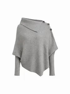 Cider Knit Asymmetrical Neck Poncho Long Sleeve Top