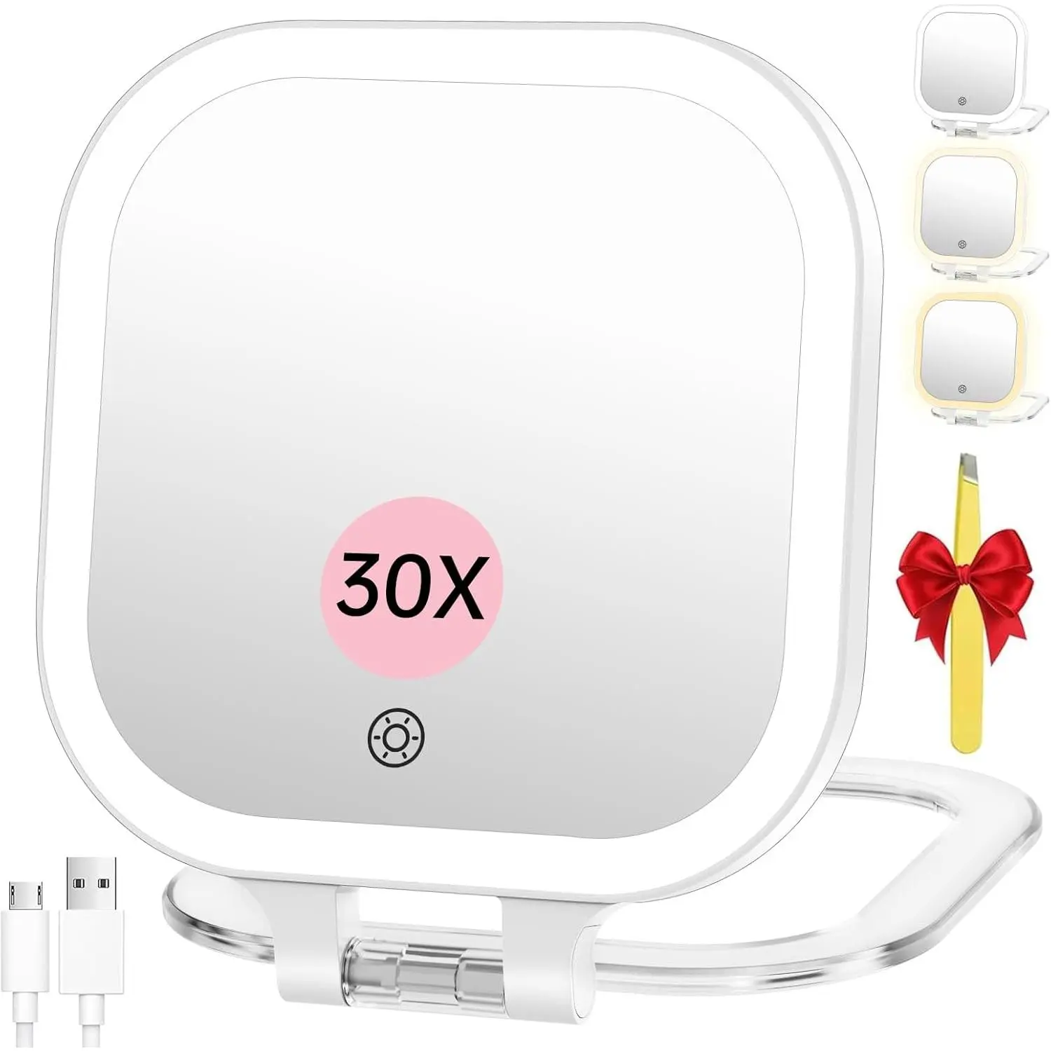 FASCINATE Rechargeable Travel Makeup Mirror 30X Magnification, 7" Lighted Portable Vanity Mirror with 3 Colors Lighting & Stepless Dimming, Double Sided LED Mirror, Gift for Women (White)