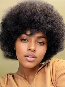 Human Hair Wig Women's Short Curly Wave Afro Kinky Curly Hair Wig , Y2K Style Daily Casual Party Wig , 150% Density , 6 Inch Full Machine  Made Wig