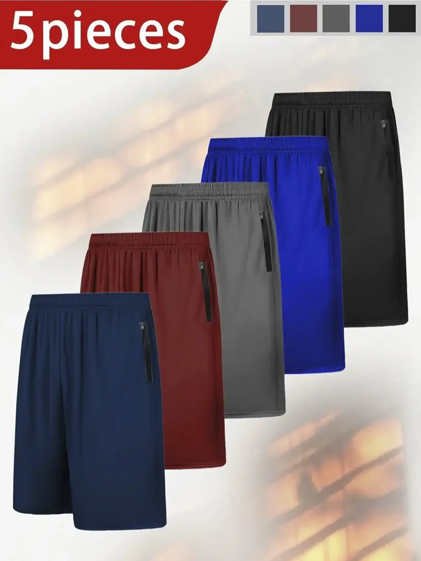 5 men's solid colour quick-drying shorts, casual, slightly elasticated waist drawstring shorts with pockets and zip fastening, suitable for summer at