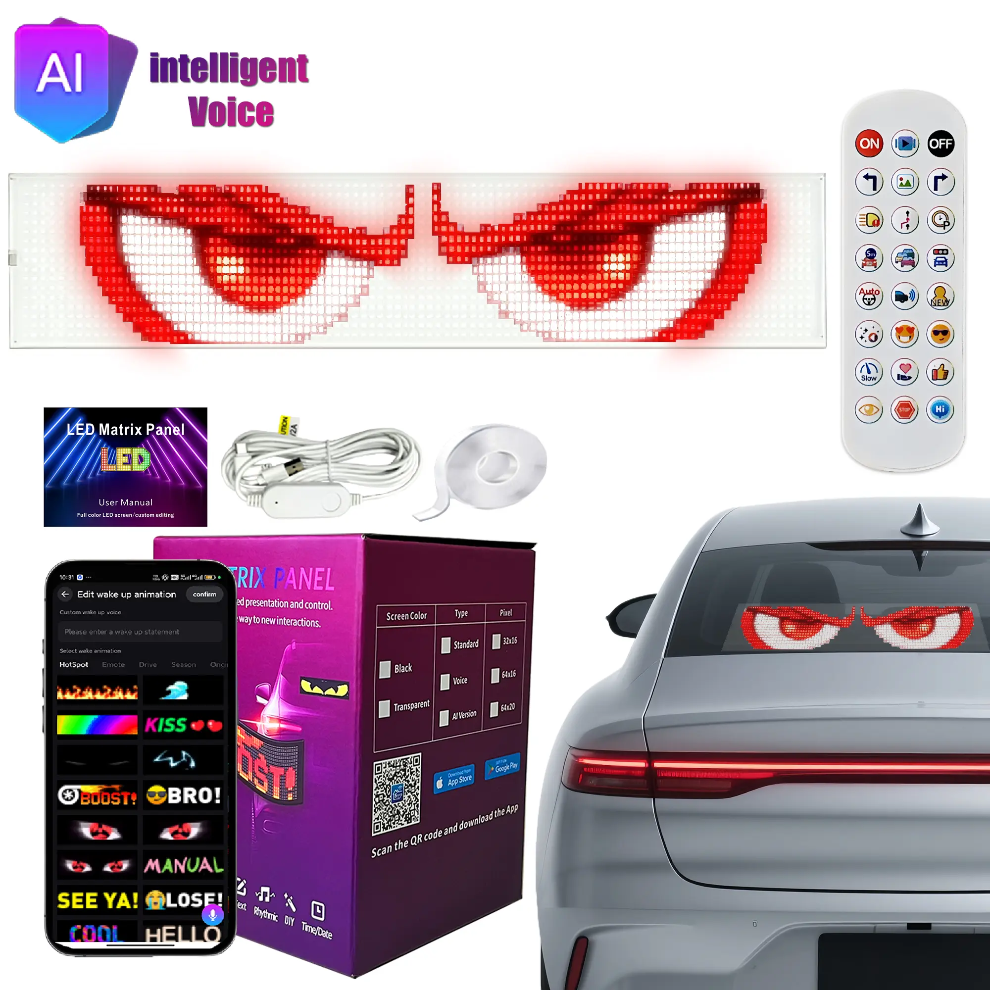 Flexible Scrolling Programmable LED Signs with AI Voice Control, Bright USB 5V Car LED Display, Bluetooth App Custom Text, Patterns & Animations for Store, Car, Bar and Hotel