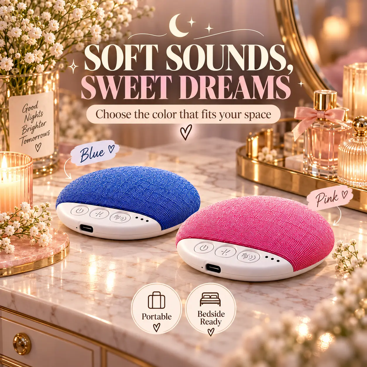 Ultra-Thin Bluetooth Sleep Speaker, Portable Wireless Bedside Audio with Soft Fabric Surface, Type-C Rechargeable Compact Speaker for Travel, Bedroom & Dorm