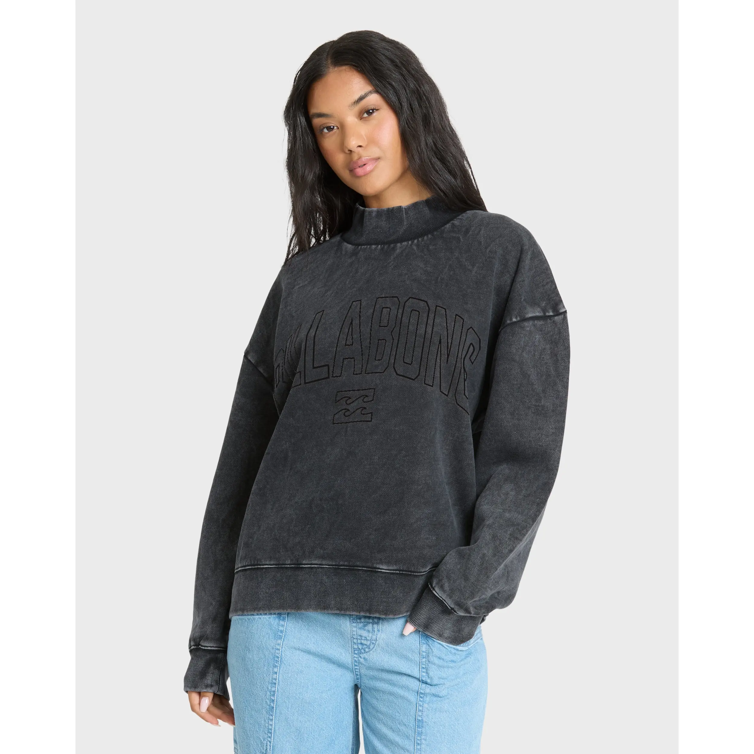 BILLABONG Sun Washed Mock Neck Sweatshirt, Oversized Brushed Fleece Pullover for Fall Winter Casual Streetwear, Long Sleeve Cozy Sweatshirt for Everyday Wear Black Fabric