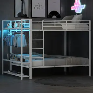 Full over Full Bunk Bed with Storage Mesh Shelves and Clothes Hooks,LED Light, Heavy-Duty Metal Bunk Bed Frame, Noise Free