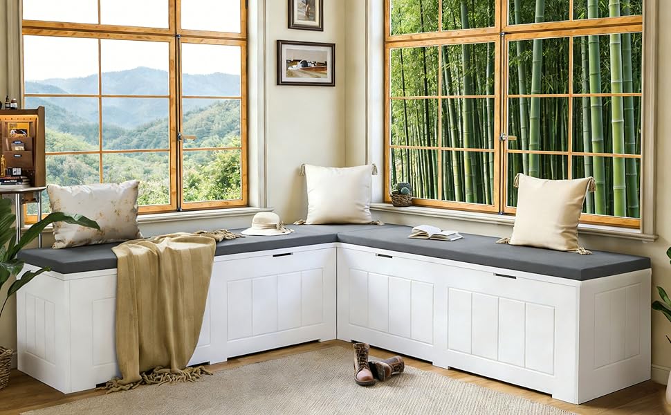 L Shaped Corner Storage Bench with Cushion, 63" Flip-Top Kitchen Banquette Nook Bench with Hidden Storage for Entryway Dining Room