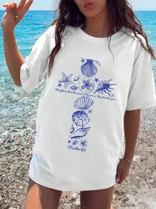 Women's Sea Life Print Round Neck Tee, Casual Letter Graphic Short Sleeve T-shirt for Daily Wear, Ladies Clothes for All Seasons, Top, Womenswear