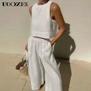 Solid Color Elasticity Wide Leg Sleeveless Round-Neck Two Pieces Set Pants Set Solid Color Elasticity Wide Leg Sleeveless Round-Neck Two Pieces Set Pants Set