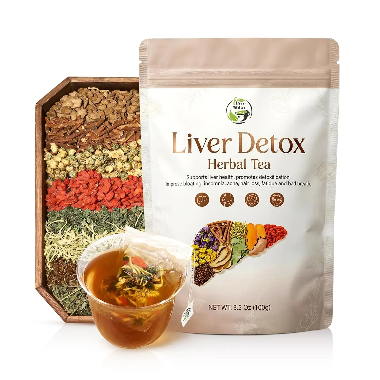 Vital Herbal Liver Support Tea Blend with Milk Thistle, Dandelion Root & Chrysanthemum, Caffeine Free Loose Leaf Botanical Tea, 3.53 oz