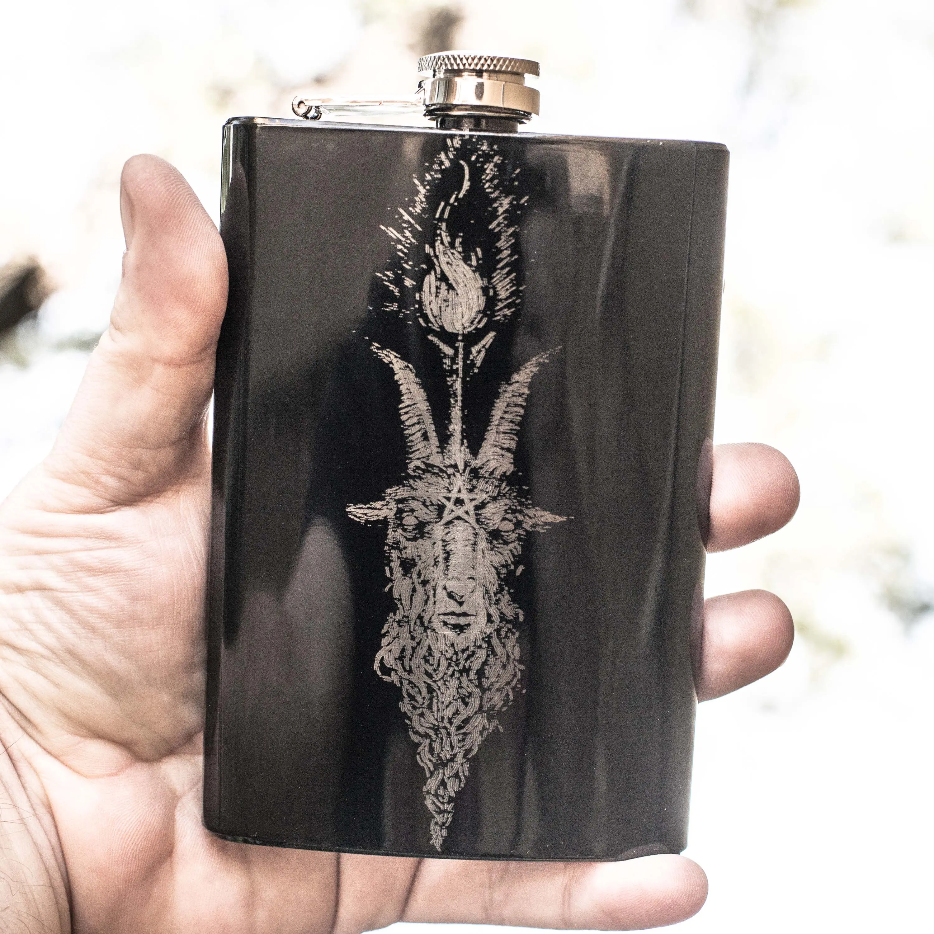 8oz BLACK Baphomet Head Flask L1 8oz BLACK Baphomet Head Flask L1