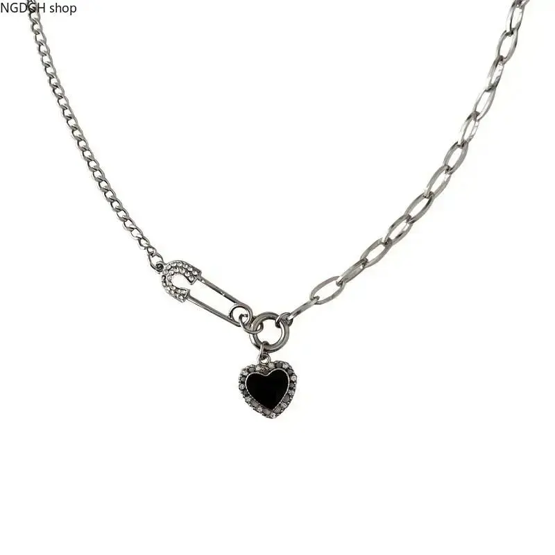Women's Edgy Chain-Link Dainty Necklaces - Black Heart, Safety Pin Charms Necklace, Stylish Accessories for Women, Silver-Tone Casual Daily Layering Jewelry