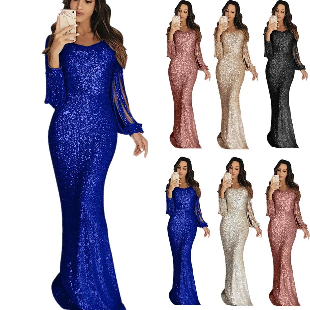 2026 Summer Fashion Women's European and American Long Dress Evening Gown Long Sleeve Tassel Party Dress Formal Womenswear