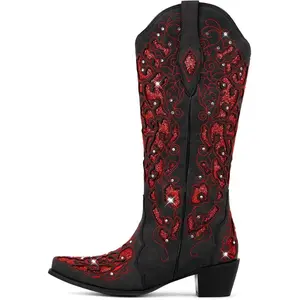 Onlymakerheels Western Mid Calf Cowboy Cowgirl Boots Sparkly Rhinestone Bling Chunky Heel Leather Handmade Comfortable Durable for Women