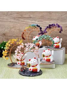 1 piece colorful crystal crushed stone money tree phoenix tail tree lucky cat home handicraft office desktop ornament