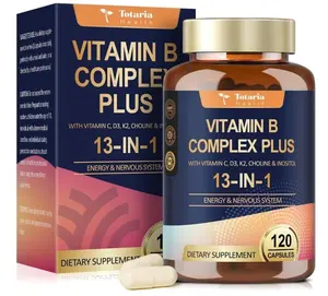 13-in-1 Vitamin B Complex Plus with Vitamin B1, B2, B3 (Niacinamide), B4, B5, B6, B7 (Biotin), B8 (Inositol), B9 (Folate), B12, C, D3, K2 - Energy, Nerve, Immune, Skin Support - 120 Vegan Capsules