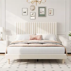 Garvee Queen Size Velvet Bed Frame, Vertical Channel Tufted Headboard, Height Adjustable, Upholstered Platform Bed, No Box Spring Needed, Beige