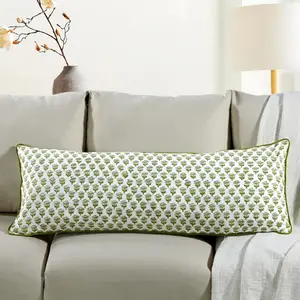 Emerald Green 100% Cotton Block Print Sham Cover 14x36 inch, Handmade Boho Floral Pillowcase, Farmhouse Cottagecore Bedding, Soft Decorative Cushion Cover Gift for Spring and Mother's Day