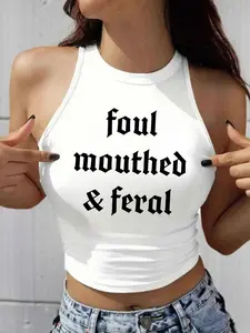 Women's Foul Mouthed & Feral Graphic Halter Top Grunge Aesthetic Sleeveless Crop Tank Top Gothic Punk Streetwear Slim Fit Backless Going Out Tops for Party Club Festival