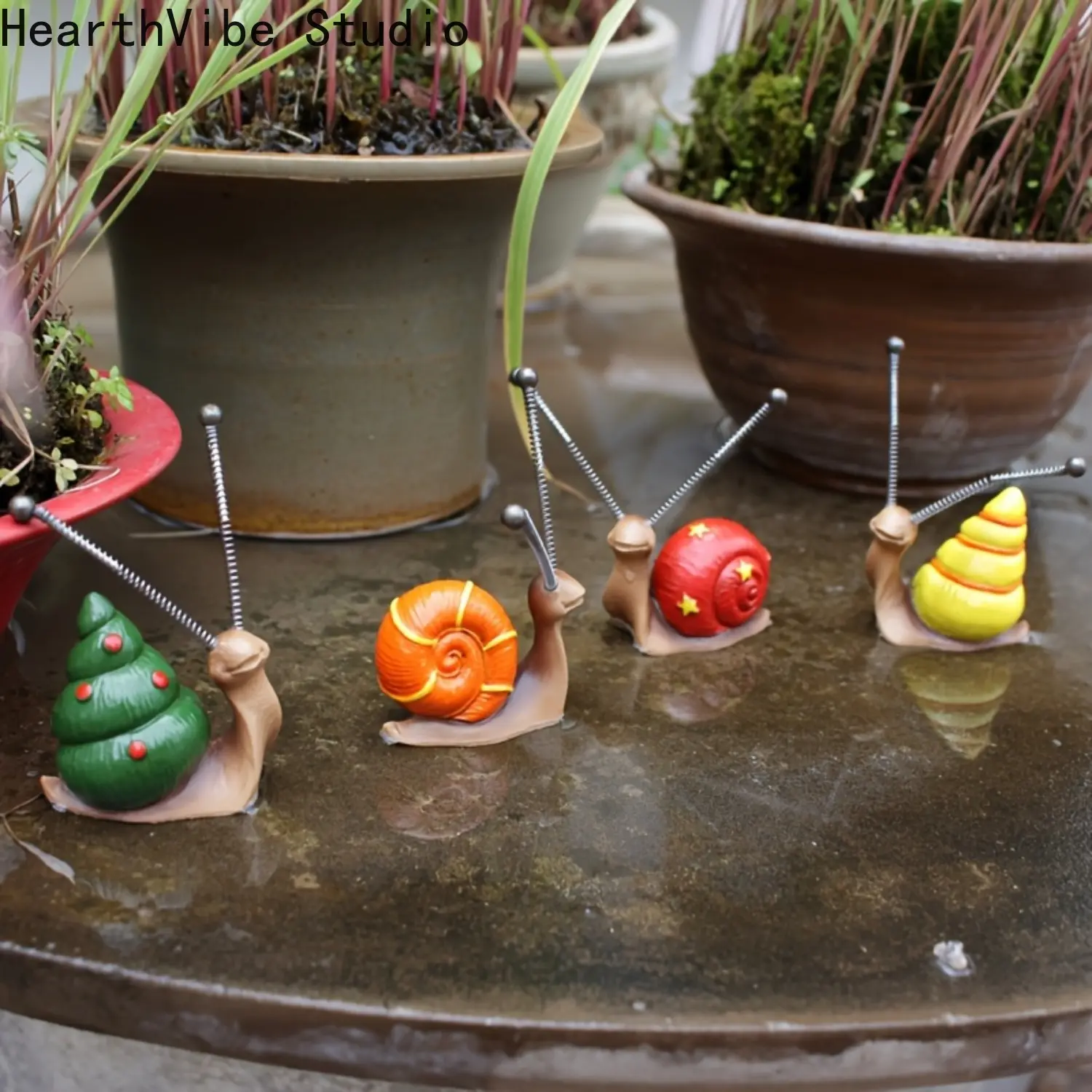 4-Piece Bohemian Snail Garden Statues, Handmade Resin Figurines with Spring Tendrils, Outdoor Garden Accessories for Bonsai Decor, Garden Statues & Sculptures