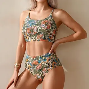 Sporty Floral Bikini Sets 2 Piece High Cut Push Up Side String Bathing Suit Scoop Neck Modest Swimwear Women