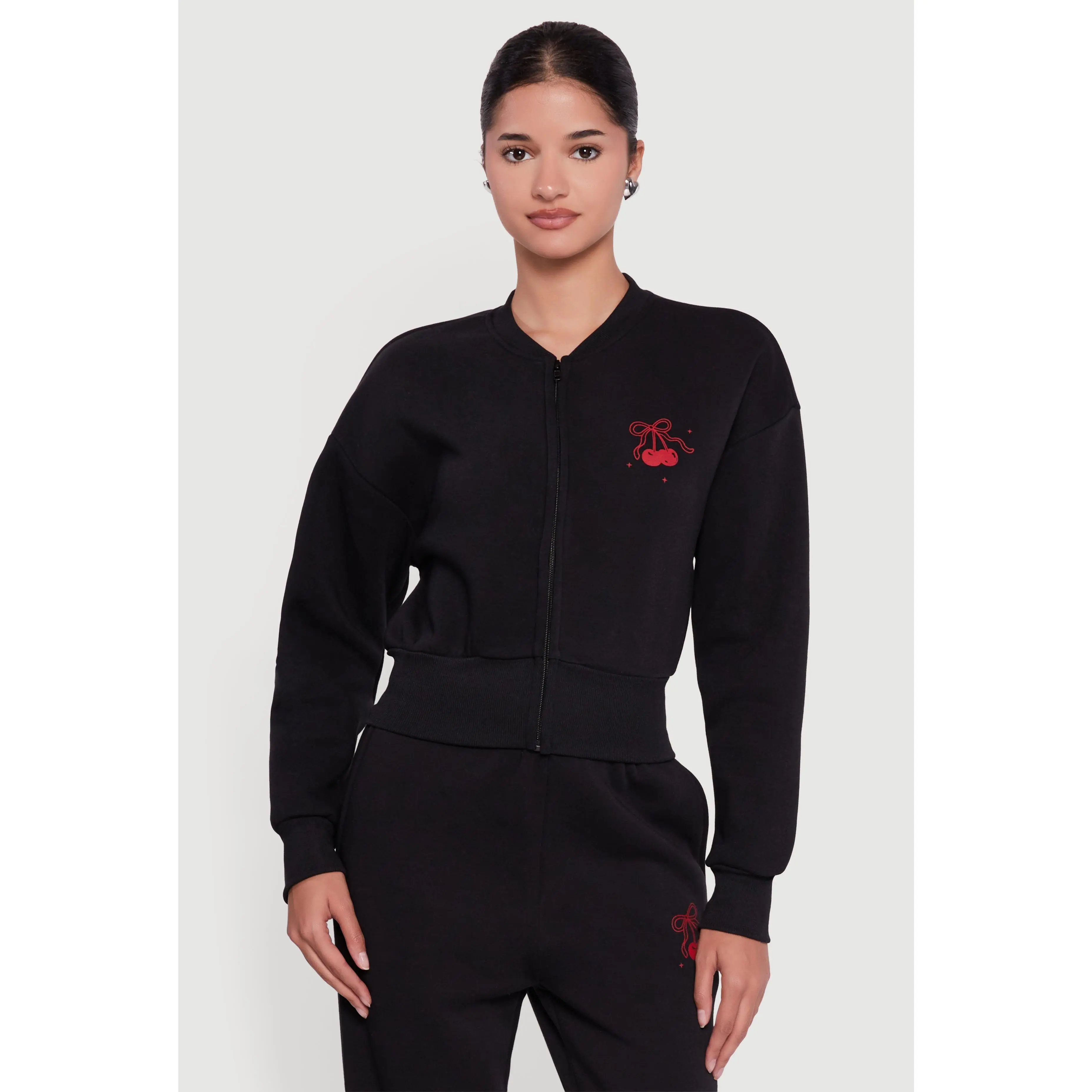 Cherry Bow Graphic Detail Zip Front Sweatshirt