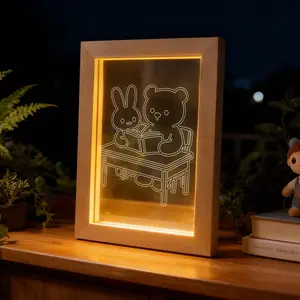 Animal Night Light Photo Frame - Cat & Bear Reading Book, Wooden LED Acrylic Glow Decor, Cute Bedroom Nightlight, Unique Gift for Kids, Teens, Women, Cozy Home Decoration