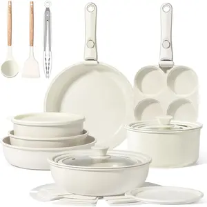Ceramic Pots and Pans Set Non Stick, Nonstick Detachable Handle Cookware Sets,  Non   PFOA & PTFE Free, Dishwasher &Oven Safe, Induction Kitchen Pot and Pan, 21 count Cream