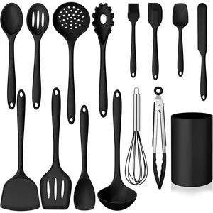 Silicone Cooking Utensil Set, 15pcs Kitchen Utensils with Holder for Nonstick Cookware, Heat Resistant Nontoxic Silicone Spatula Set, Dishwasher Safe Kitchen Tools for Baking, Black