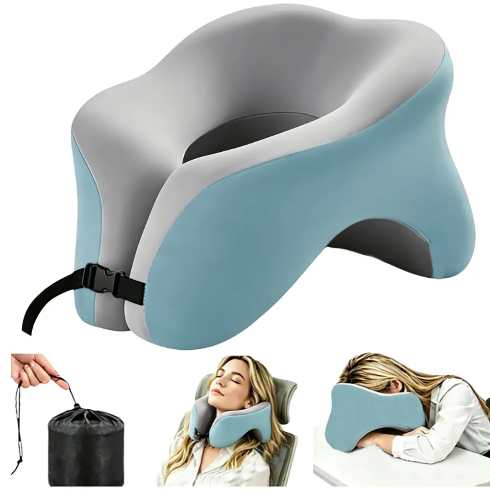Travel Neck Pillow, Ergonomic Support Airplane Travel Pillow with Chin Support, Soft Memory Foam Office Nap Pillow, Portable Rest Pillow with Washable Cover and Storage Bag, Lightweight Head Support Pillow for Flight, Car Ride, Office Break, Home Rest